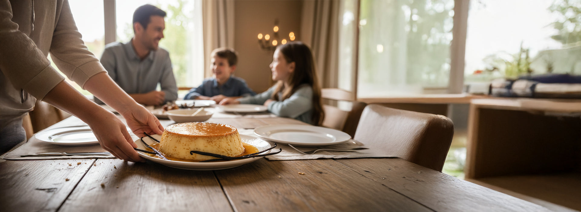Une femme sert un flan à la vanille artisanale à sa famille, autour d’une table conviviale