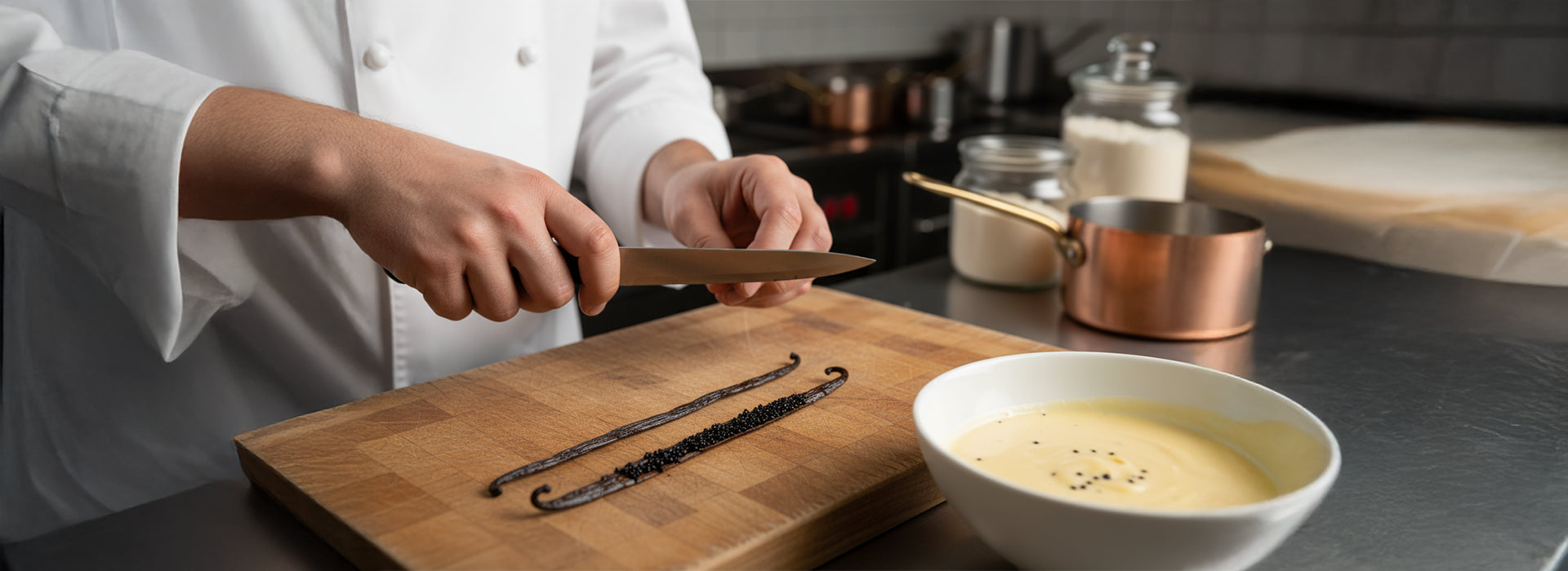 Pâtissier professionnel en train de couper une gousse de Vanille artisanale de Madagascar
